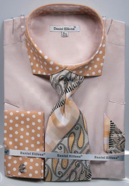 Polka Dot Sand French Cuffed Matching Shirt & Tie Combo Set Men's Dress Shirt - Large 16.5" Neck / 36-37" Sleeve