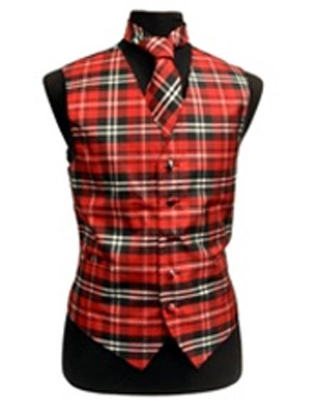 Mens New Years Outfit-Mens Slim Fit Polyester Plaid White/Red And Black Vest Fashion Set - Men's Neck Ties - Mens Dress Tie - Trendy Mens Ties