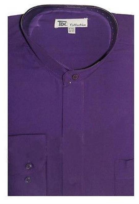 Preacher Round Style Mandarin Collar Purple Collarless Dress Shirt - 15.5" Neck / 34-35" Sleeve