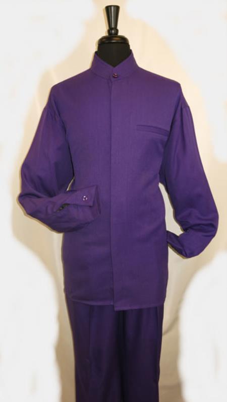 Men's Purple Fully Constructed 4 Pocket Mandarin Banded Shirt