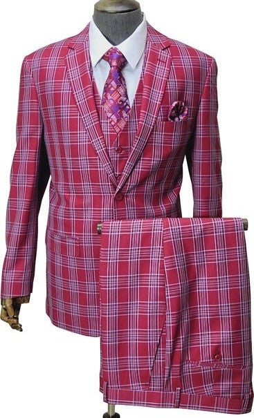 Mens Red and White Tartan Suit - Christmas New Year Holiday Suit Party Dance Events - 34 Short or Extra Small