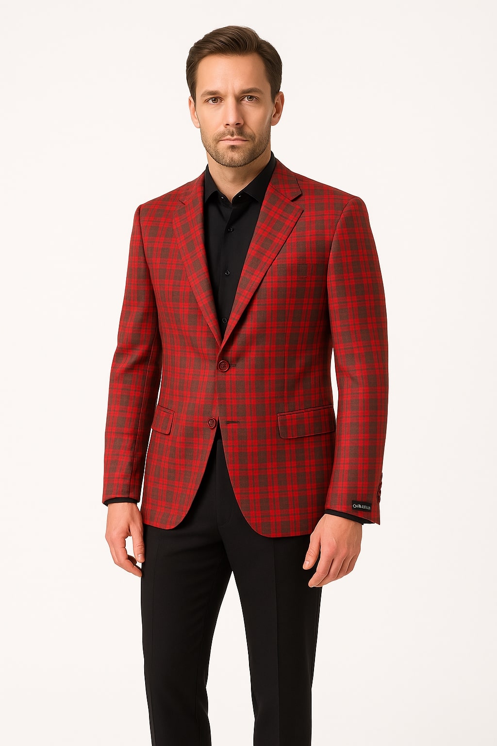 Mens Red Plaid Modern Fit Windowpane Check Blazer - Christmas Holiday Sport Coat Tartan Look - 44 Long