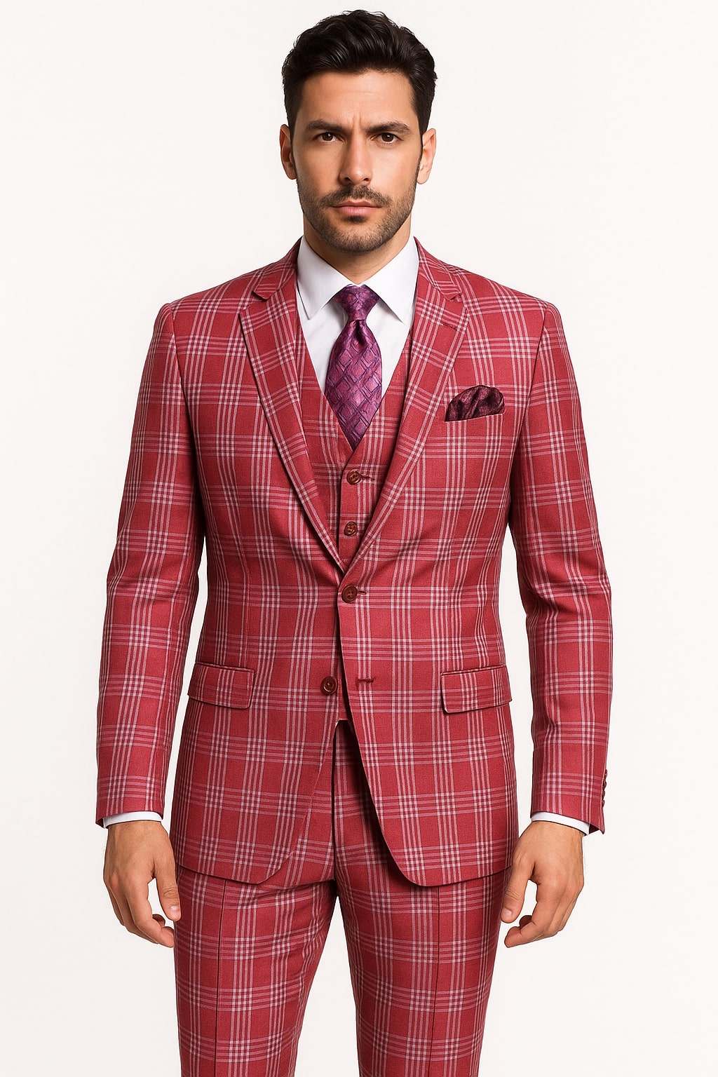 Mens Red and White Tartan Suit - Christmas New Year Holiday Suit Party Dance Events - 34 Short or Extra Small
