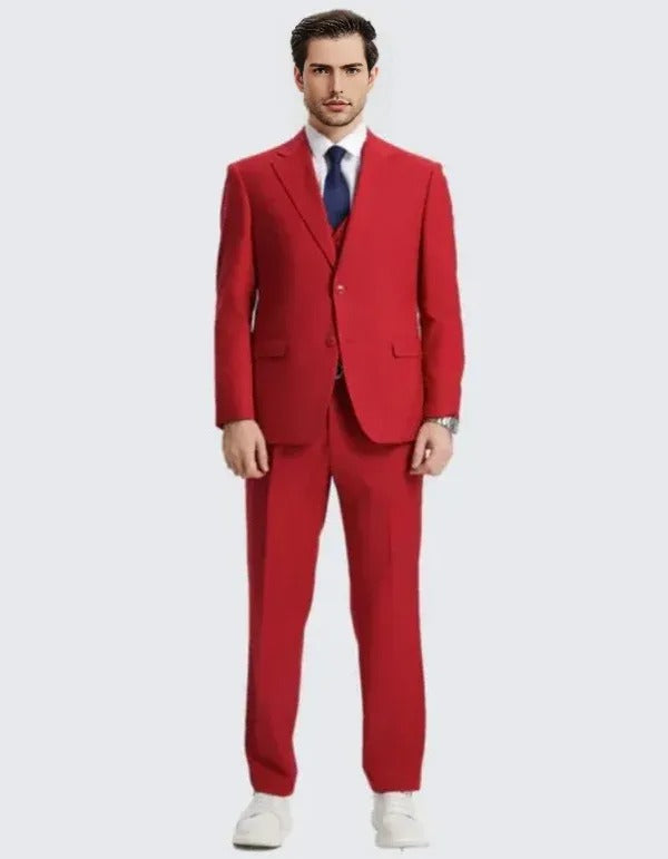 Men's Red Suit Three Piece Set by Stacy Adams - Red Prom 2025 Suits - 38 Short Jacket+32 Waist Adjustable 28to34)(Height: 5 4 to5 7 )(Neck  15-16.5)S-M)