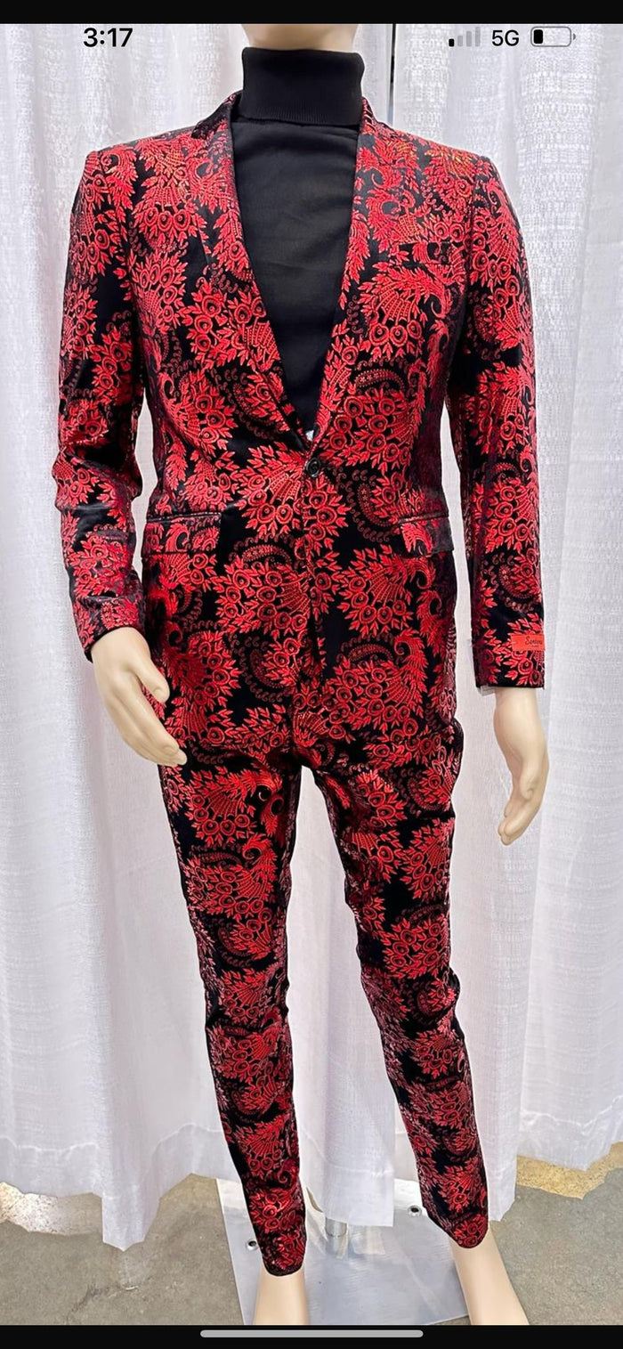Mens Red and Black Floral Tuxedo Suit Slim Fit 2 Piece Embroidered Outfit for Weddings, Prom, and Formal Events
