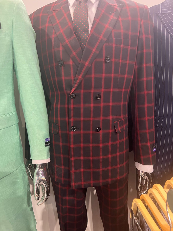 Mens Red and Black Plaid Double-Breasted Suit â€“ Slim Fit Checkered 2 Piece Formal Business Outfit