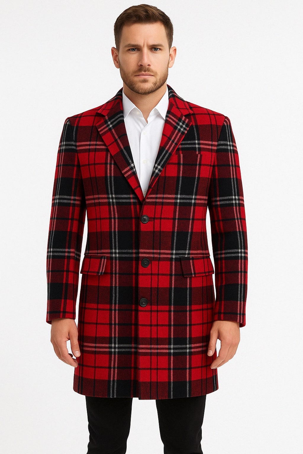 Mens Red and Black Plaid Wool Overcoat with Notch Lapel - 34 Short or Extra Small