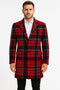 Mens Red and Black Plaid Wool Overcoat with Notch Lapel