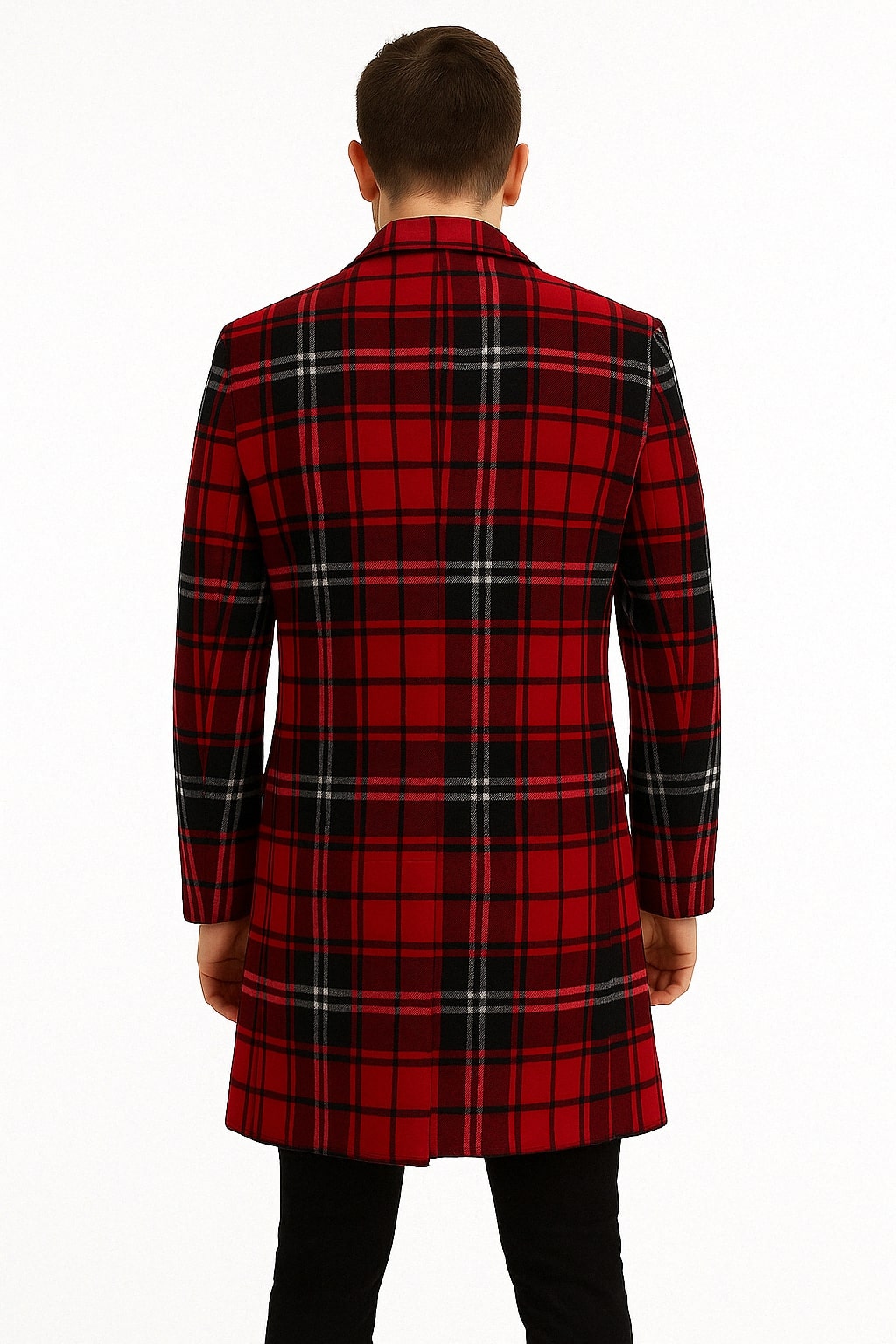 Mens Red and Black Plaid Wool Overcoat with Notch Lapel - 34 Short or Extra Small