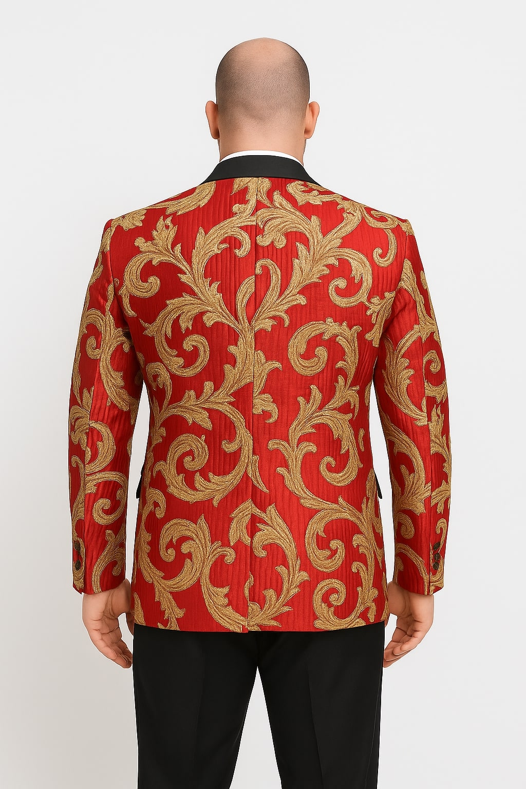Mens Red and Gold Embroidered Tuxedo Blazer – Baroque Style One Button Dinner Jacket with Black Satin Lapel - 34 Short or Extra Small