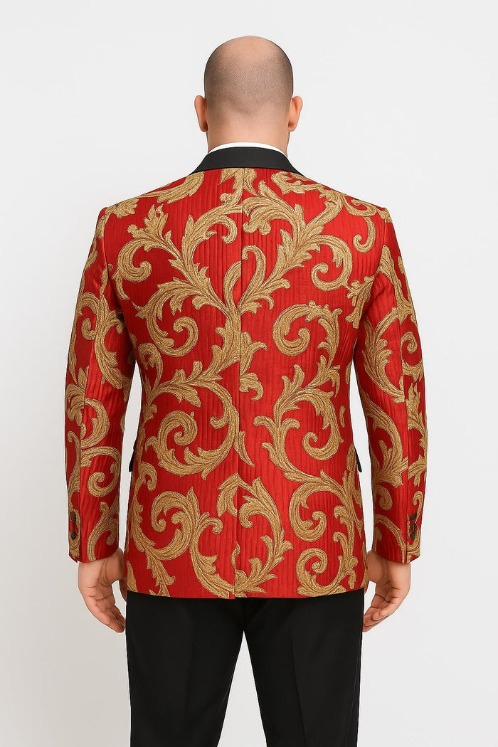 Mens Red and Gold Embroidered Tuxedo Blazer â€“ Baroque Style One Button Dinner Jacket with Black Satin Lapel