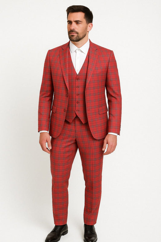 Mens Red and Grey Plaid 3-Piece Suit with Vest - Modern Fit Peak Lapel By Dominqe Wilson