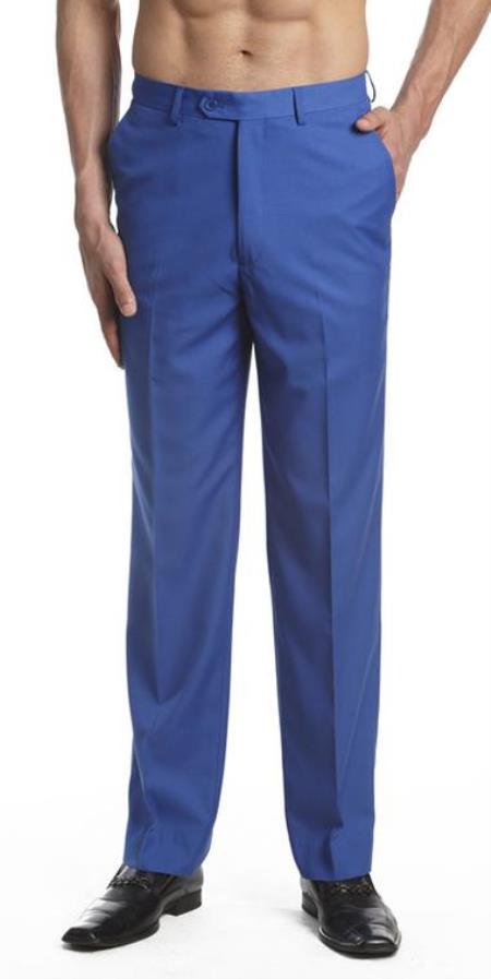 Men's Dress Pants Trousers Flat Front Slacks Royal Blue - dress size pants : 28 Unfinished bottom