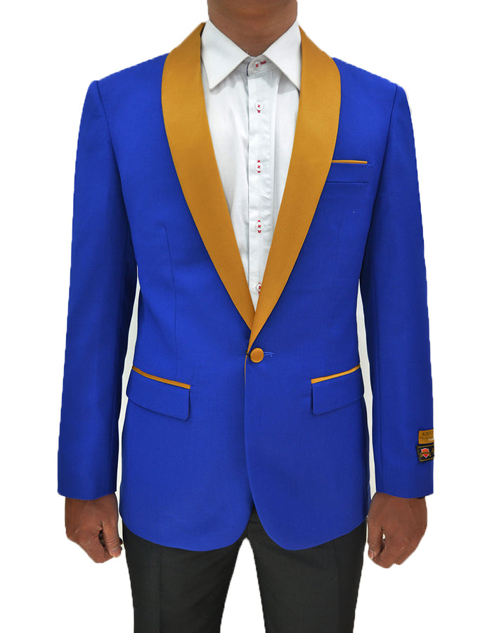 Mens Royal Blue Prom 2026 Tuxedo - Mens One Button Contrast Shawl Collar Dinner Jacket Royal Blue & Gold