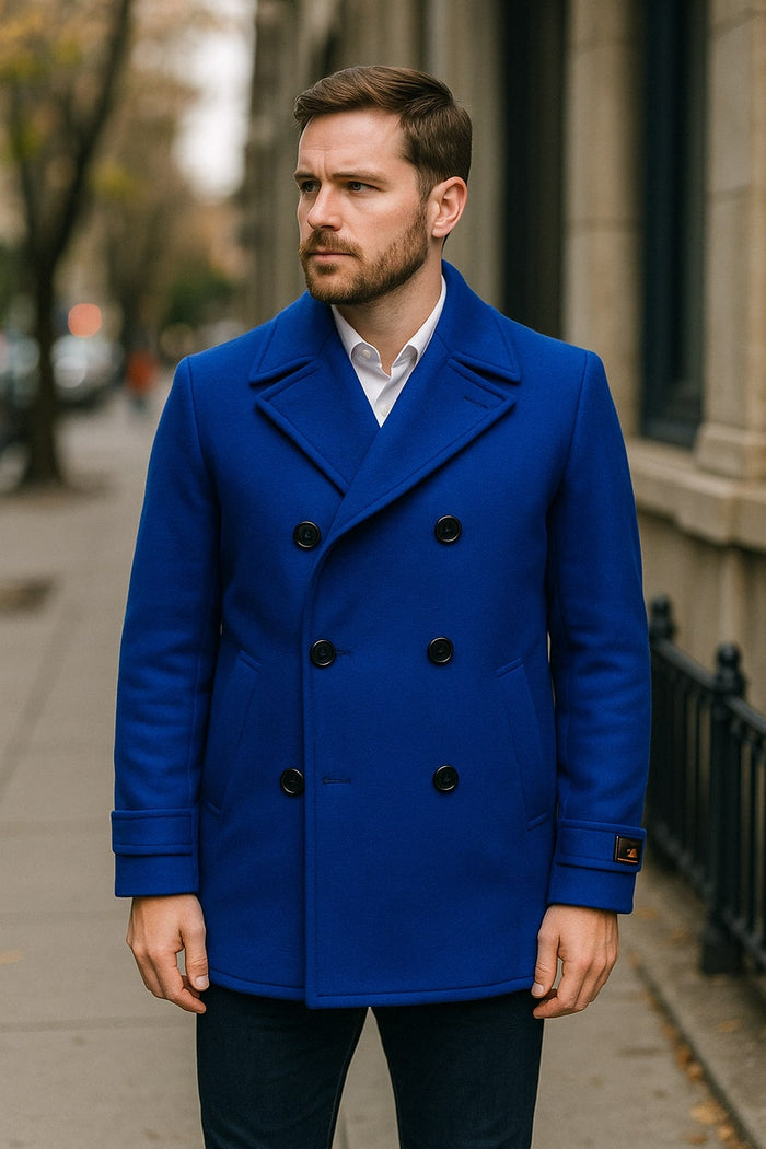Mens Royal Blue Double-Breasted Wool Peacoat Alberto Nardoni Collection
