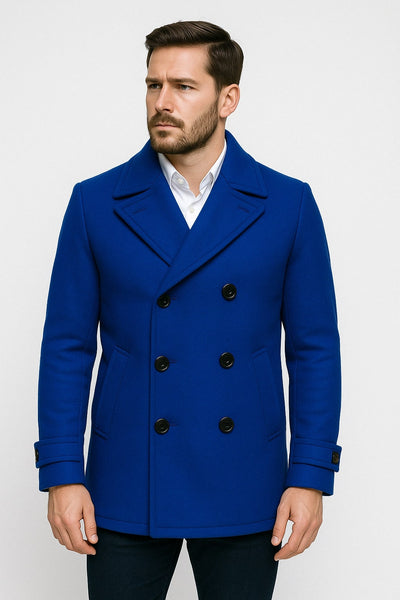 Mens Royal Blue Double-Breasted Wool Peacoat Alberto Nardoni Collection