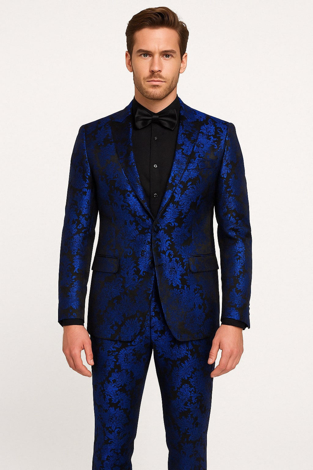 Mens Royal Blue Metallic Floral Suit – Black Background Two Piece Tuxedo Set - 34 Short or Extra Small