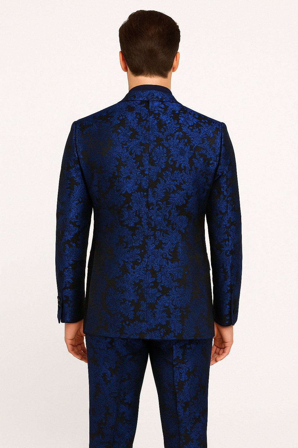 Mens Royal Blue Metallic Floral Suit Black Background Two Piece Tuxedo Set - 34 Short or Extra Small