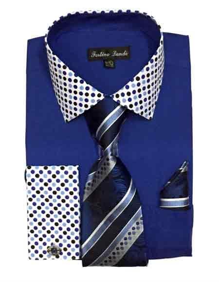 Solid/Polka Dot Pattern Cotten Blend Royal Blue Shirt With Tie & Hanky Men's Dress Shirt - Small 14.5” Neck / 32-33” Sleeve