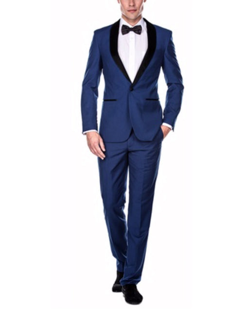 Mens Royal Blue Prom 2026 Tuxedo - Mens Slim Fit 1 Button Shawl Prom 2026 Tuxedo in Royal Blue - Mens Slim Fitted Tuxedo
