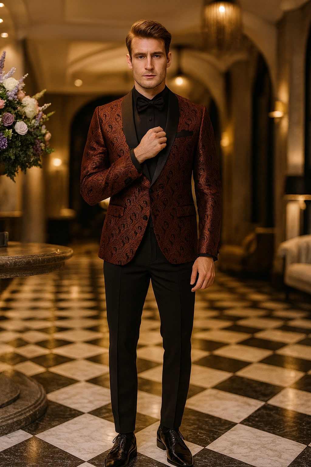 Mens Rust Copper Brick Color Paisley Tuxedo Jacket  Dinner and Wedding Blazer With Black Pants Matching Bowtie - 36 Short