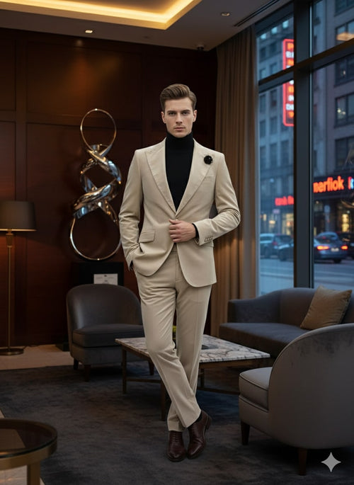 Mens Sand Beige Velvet Tuxedo Suit â€“ 2 Piece Slim Fit Blazer and Pants Formal Set - Winter Fabric Natural Color
