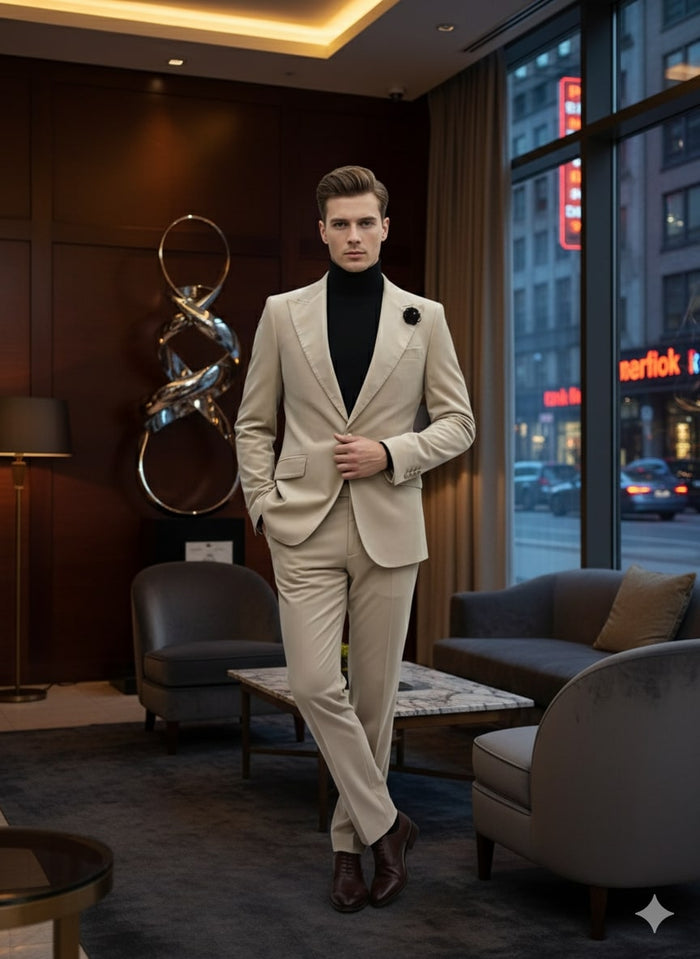 Mens Sand Beige Velvet Tuxedo Suit â€“ 2 Piece Slim Fit Blazer and Pants Formal Set - Winter Fabric Natural Color