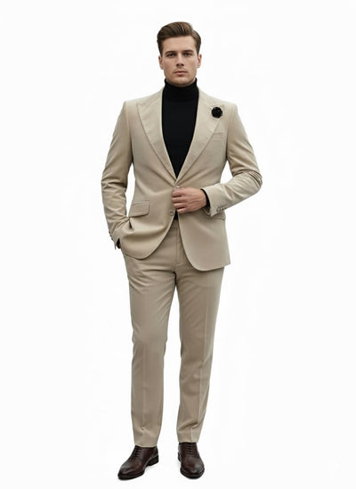 Mens Sand Beige Velvet Tuxedo Suit â€“ 2 Piece Slim Fit Blazer and Pants Formal Set - Winter Fabric Natural Color
