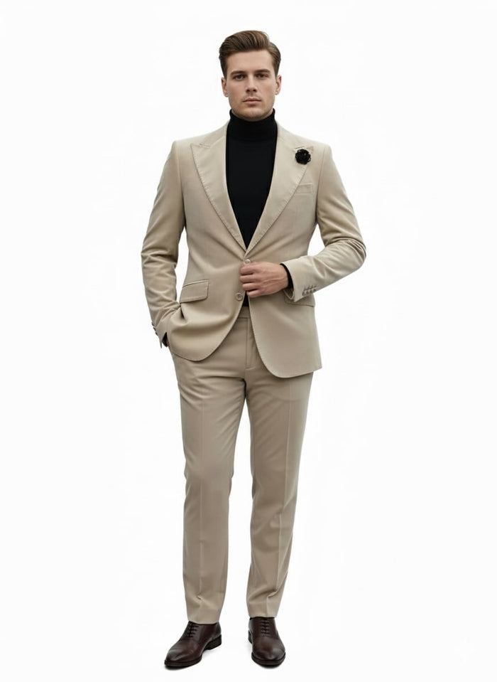 Mens Sand Beige Velvet Tuxedo Suit â€“ 2 Piece Slim Fit Blazer and Pants Formal Set - Winter Fabric Natural Color