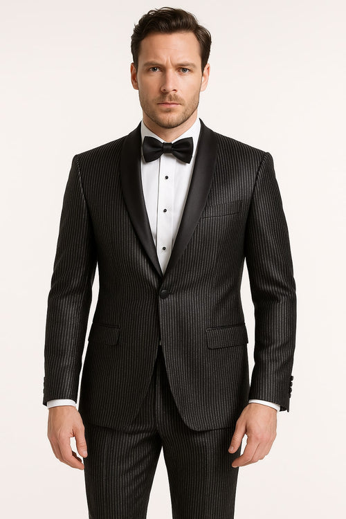 Mens Shiny Black Glitter Tuxedo with Satin Shawl Lapel â€“ Ultra Slim Fit Sparkle Suit for Weddings, Proms & Formal Events