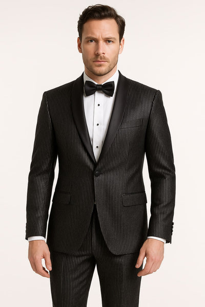 Mens Shiny Black Glitter Tuxedo with Satin Shawl Lapel â€“ Ultra Slim Fit Sparkle Suit for Weddings, Proms & Formal Events
