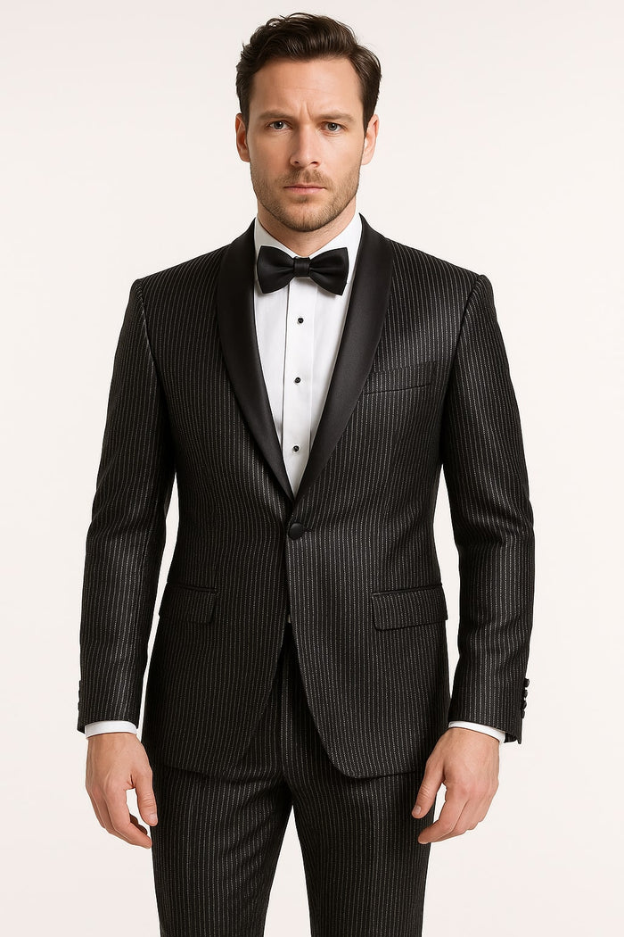 Mens Shiny Black Glitter Tuxedo with Satin Shawl Lapel â€“ Ultra Slim Fit Sparkle Suit for Weddings, Proms & Formal Events