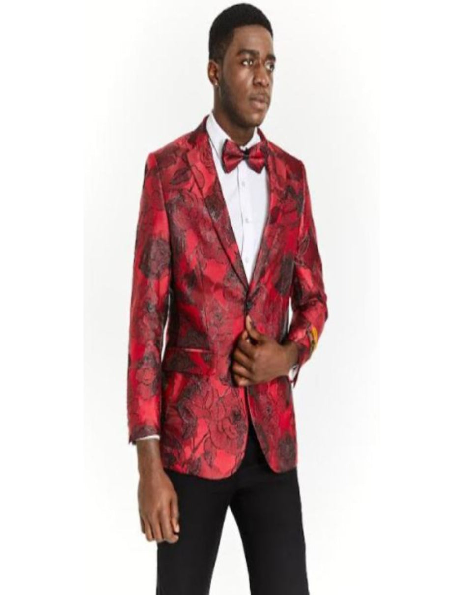 Big And Tall Tuxedo Paisley Tuxedo Sparkling Blazer - Red And Black Floral Sport Coat - Big and Tall Blazer - 38 Short Jacket+32 Waist Adjustable 28to34)(Height: 5 4 to5 7 )(Neck  15-16.5)S-M)