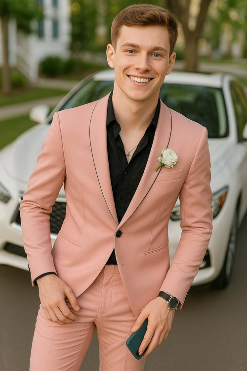 Mens Slim Fit Pink Tuxedo Suit with Black Trim â€“ Modern Wedding and Prom Outfit in Rose Gold Blush Color