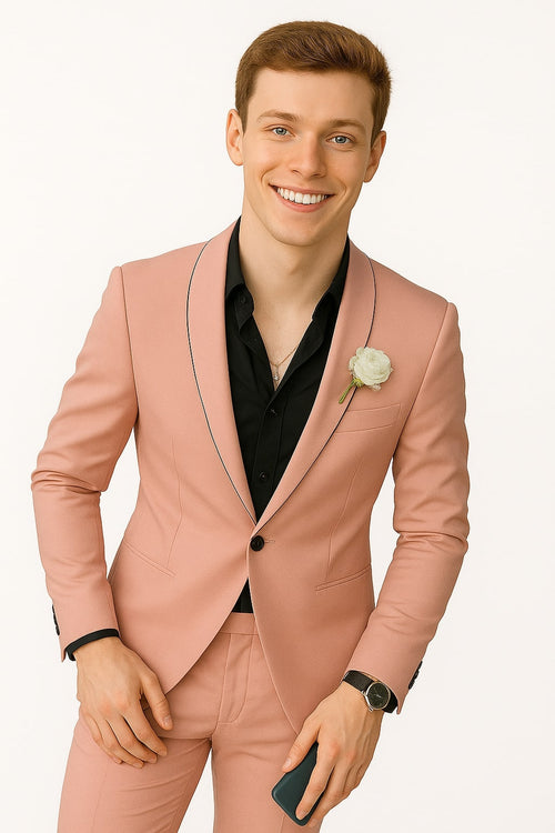 Mens Slim Fit Pink Tuxedo Suit with Black Trim â€“ Modern Wedding and Prom Outfit in Rose Gold Blush Color