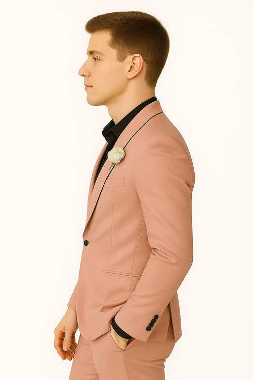 Mens Slim Fit Pink Tuxedo Suit with Black Trim â€“ Modern Wedding and Prom Outfit in Rose Gold Blush Color