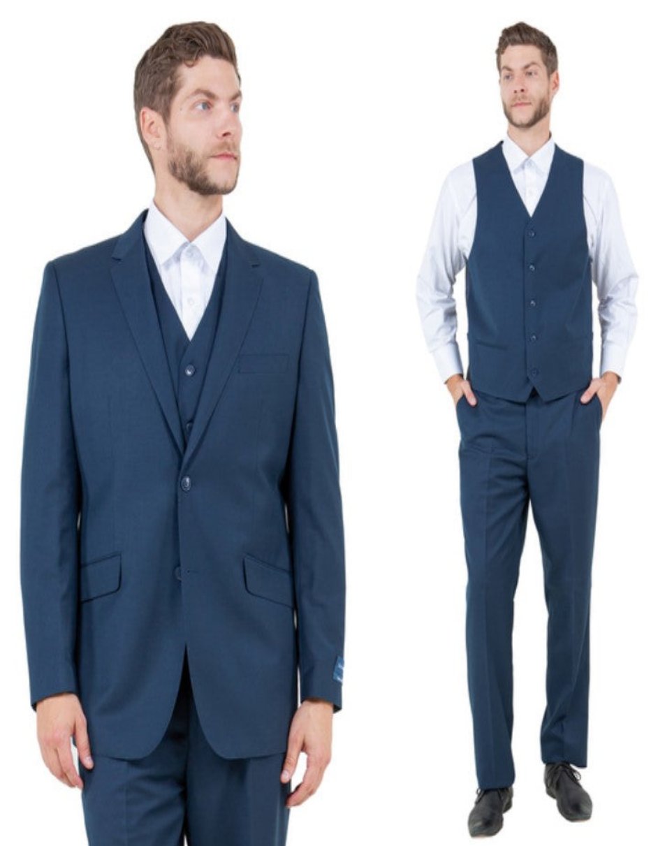 Modern Fit 3pc Wool Mens Suit Set Indigo - Coat Size 38