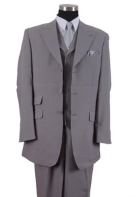 Mens Three Piece Suit - Vested Suit Mens Gray Double side-vented back Peak Lapel Vested 3 Piece Suits - 36 Short