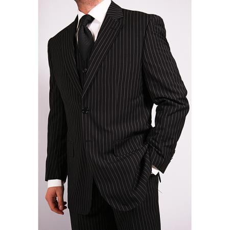 Men's 3-Piece Black Bold White Chalk Bold Pinstripe Vested Cheap Priced Business Suits Clearance Sale - 58R