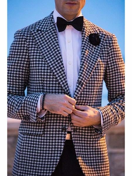 Mens Houndstooth Blazers Mens Two Button houndstooth checkered Designed Black ~ White Blazer - 38 Regular