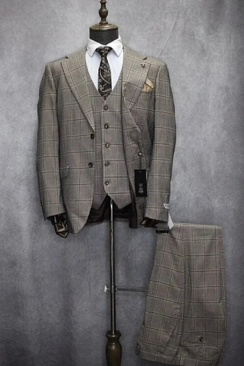 Mens Two Button Notch Lapel Plaid Pattern Suit Tan ~ Brown