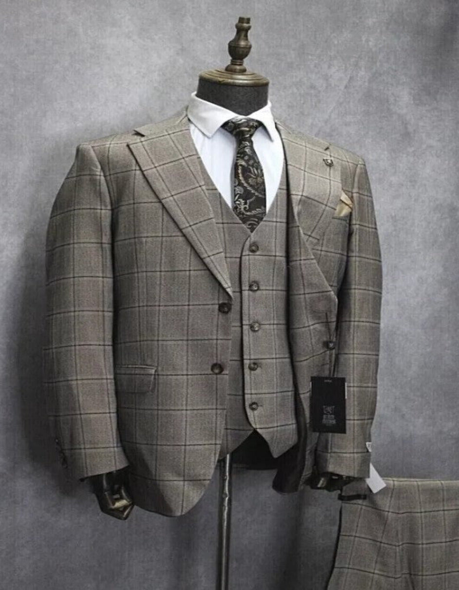 Mens Two Button Notch Lapel Plaid Pattern Suit Tan ~ Brown - 34 Short or Extra Small