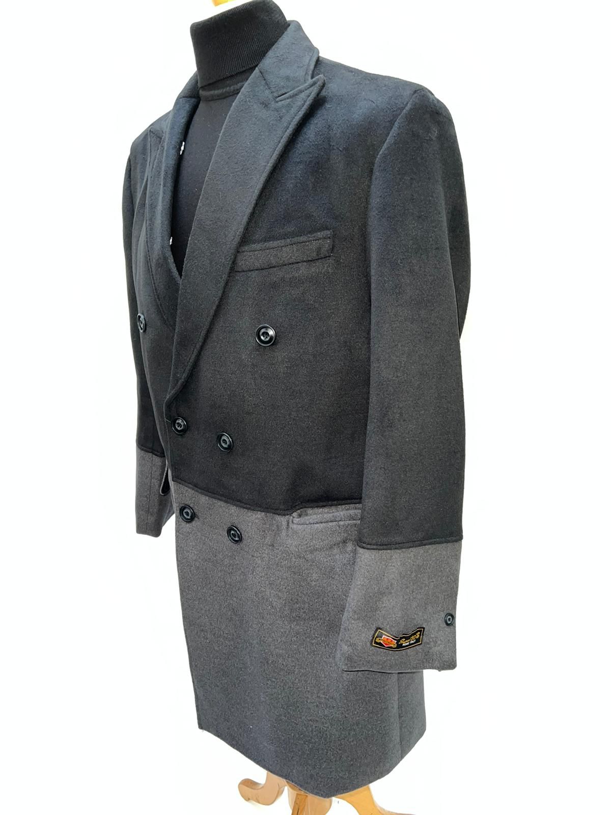 Mens Two-Tone Double-Breasted Overcoat in Black and Charcoal Gray Wool Fabric Topcoat - Coat Size 38