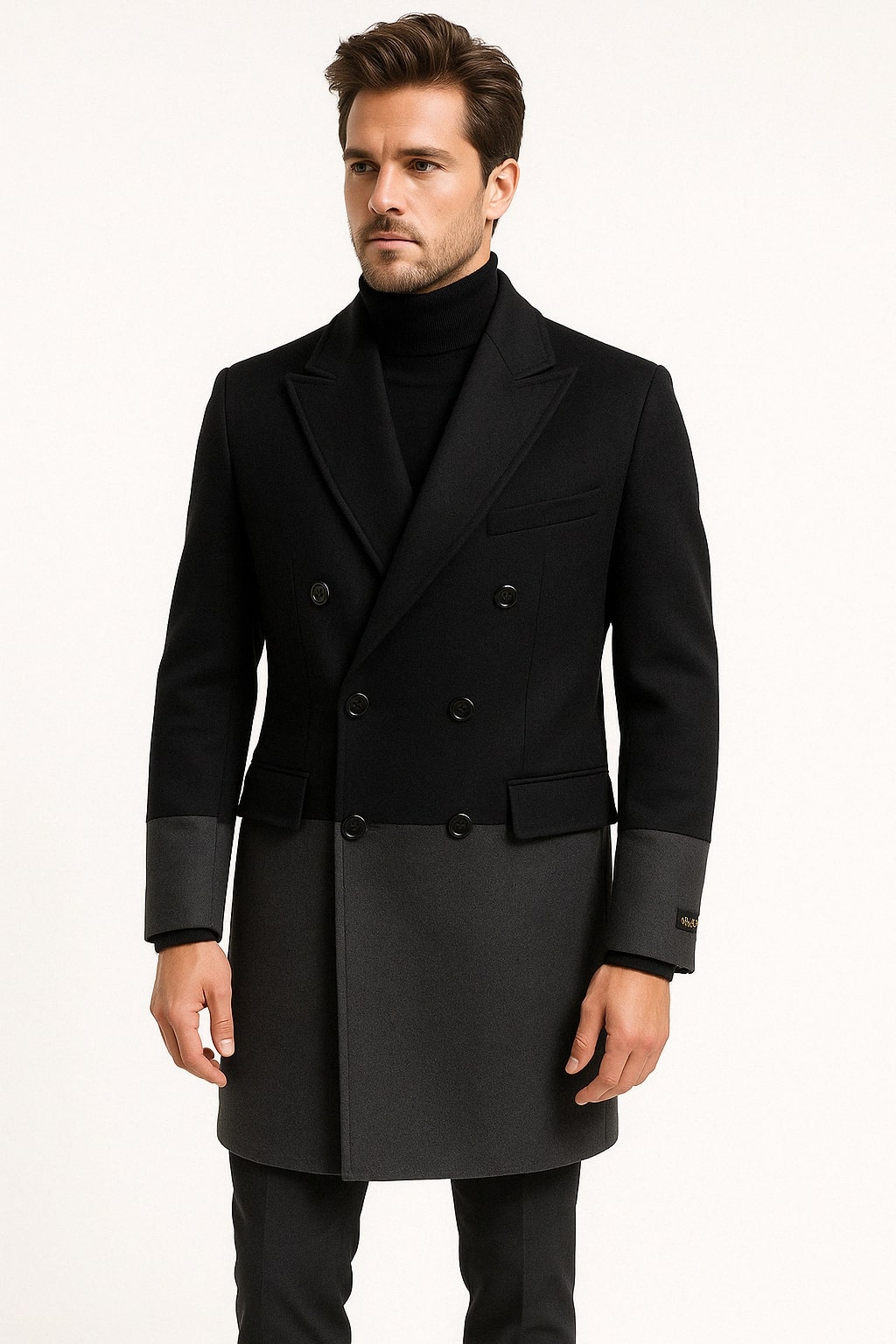 Mens Two-Tone Double-Breasted Overcoat in Black and Charcoal Gray Wool Fabric Topcoat - Coat Size 38