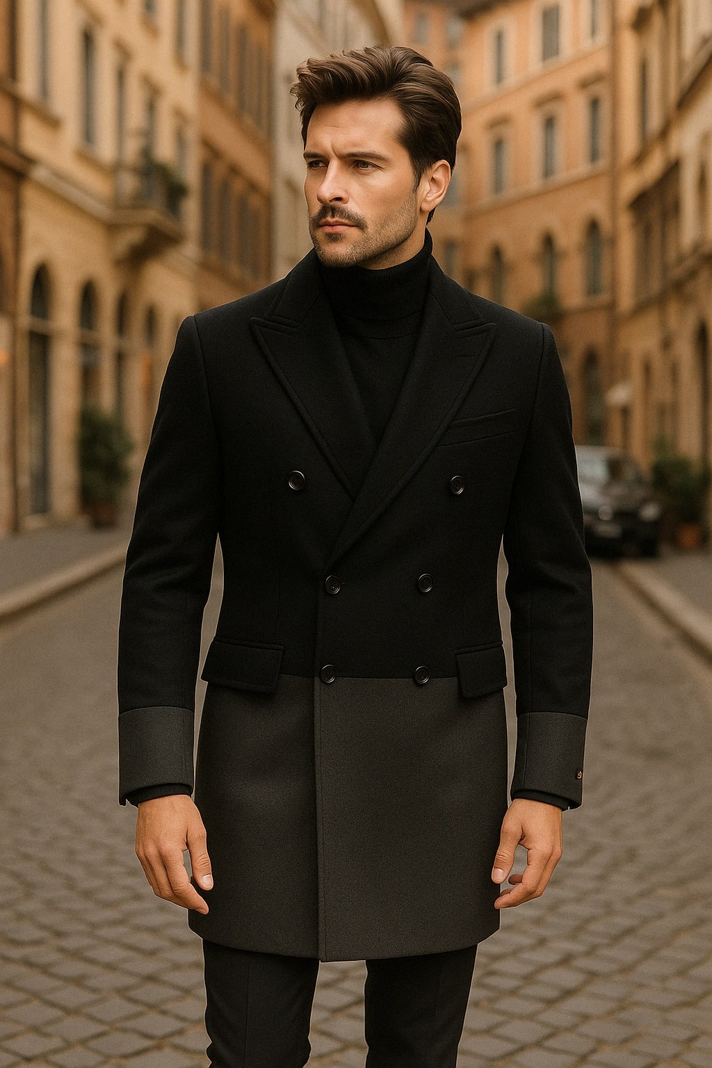 Mens Two-Tone Double-Breasted Overcoat in Black and Charcoal Gray Wool Fabric Topcoat - Coat Size 38