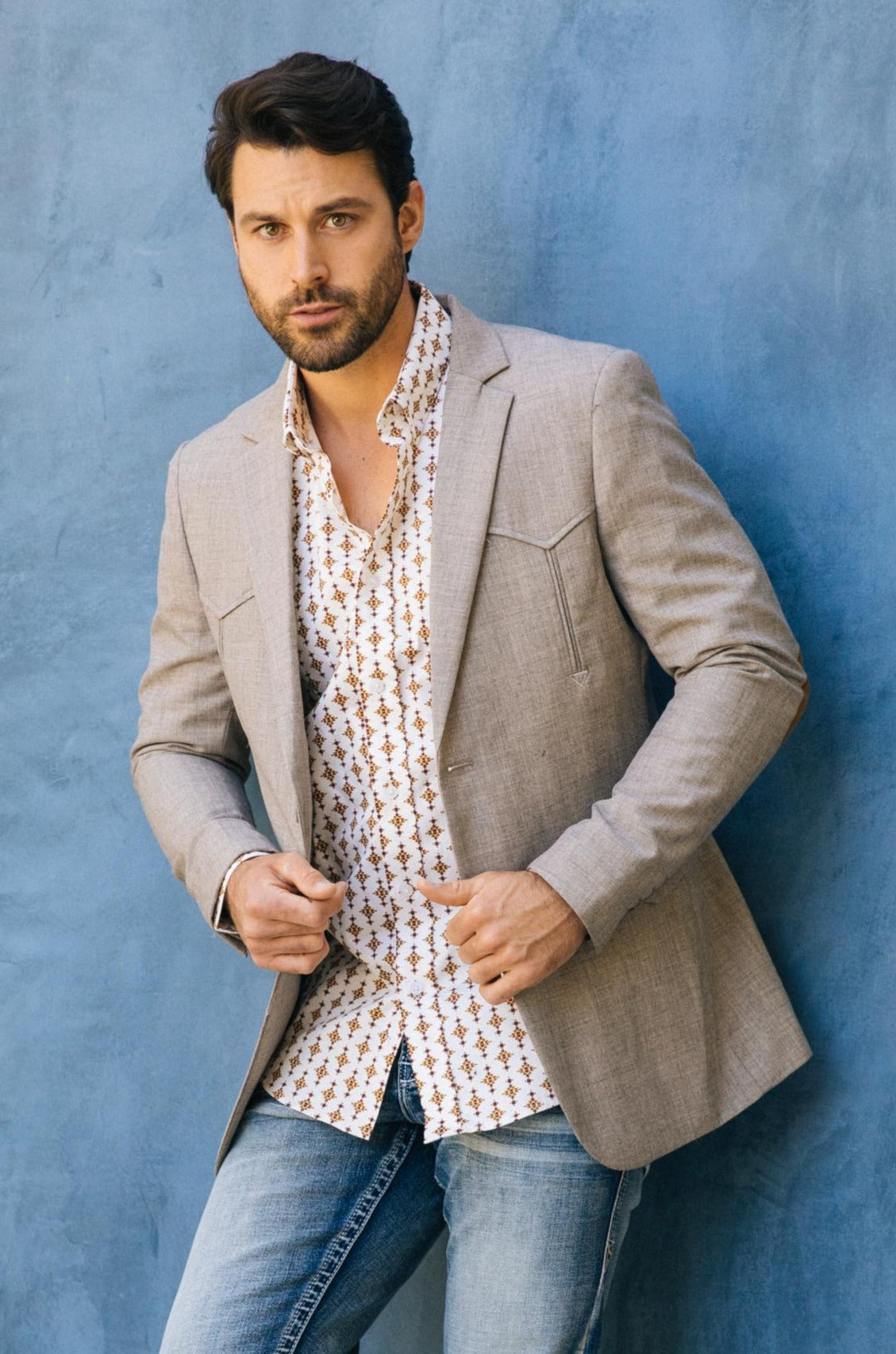 Men’s Heather Beige Cowboy Sport Coat – Classic Elbow Patch Jacket - S