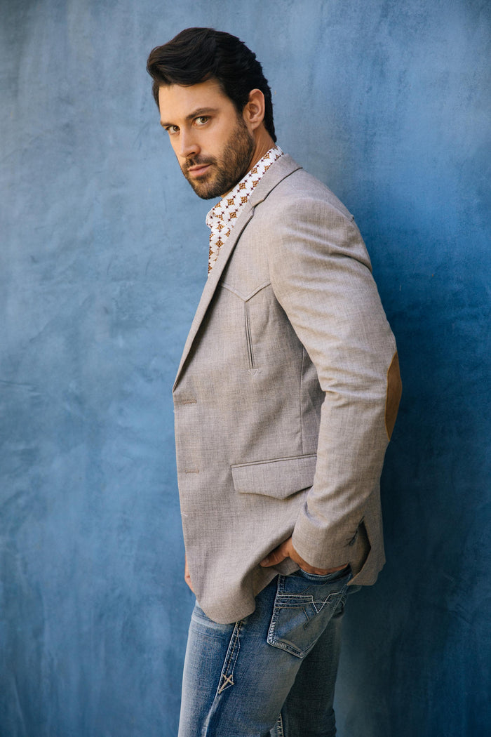 Men’s Heather Beige Cowboy Sport Coat – Classic Elbow Patch Jacket