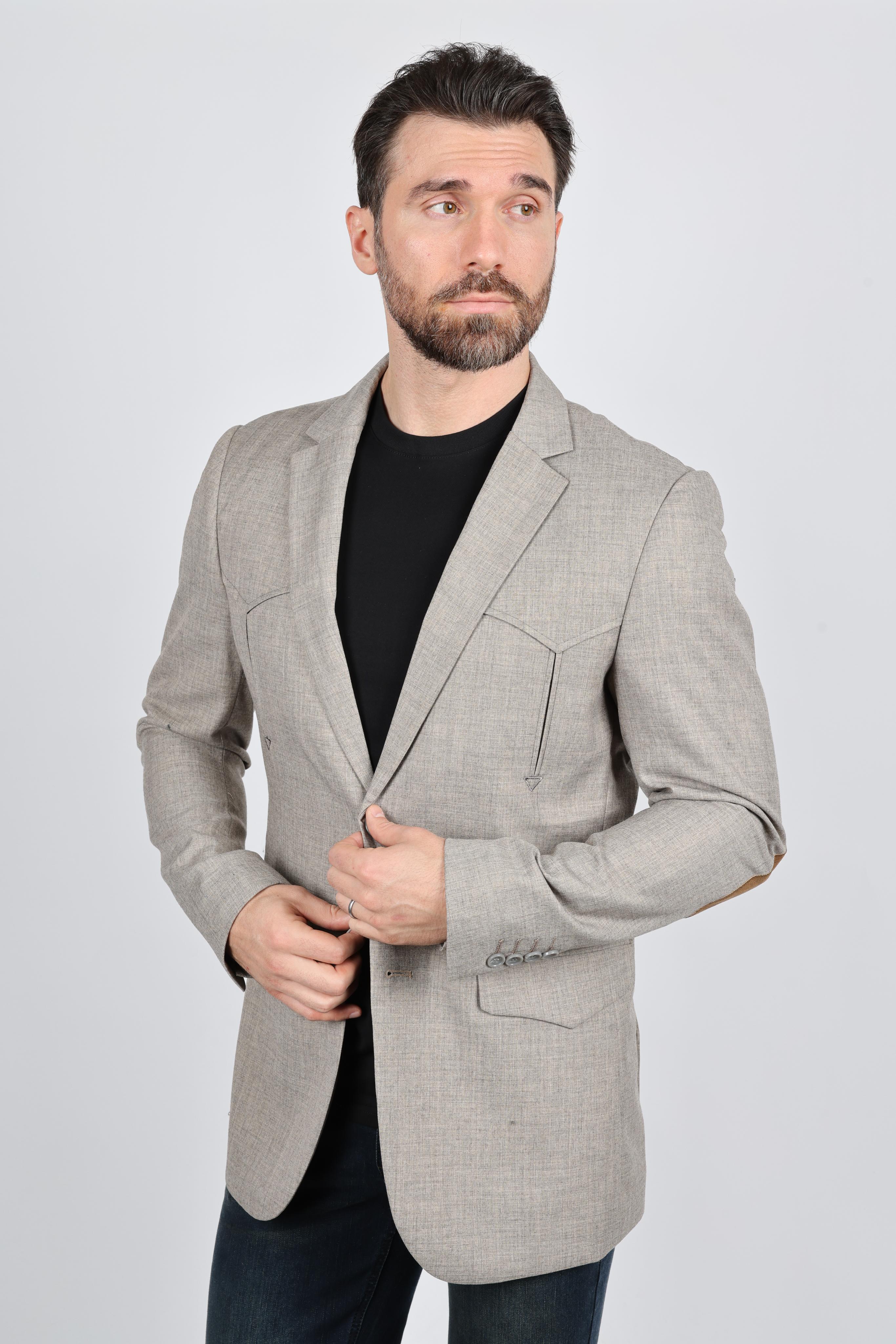 Men’s Heather Beige Cowboy Sport Coat – Classic Elbow Patch Jacket - S