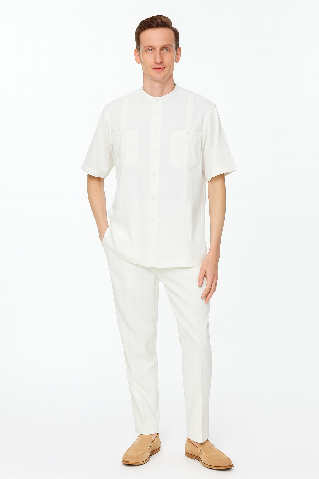 Mens White Banded Collar Two-Piece Set – Short Sleeve Shirt and Pants Banded Collar Linen Fabric - S