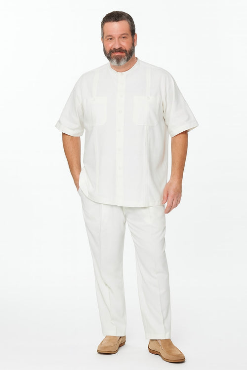 Mens White Banded Collar Two-Piece Set Short Sleeve Shirt and Pants Banded Collar Linen Fabric